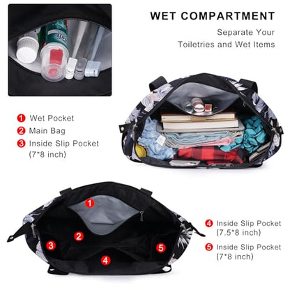 Expandable Duffel Bag for Women with Trolley Sleeve/Wet Pocket Weekender Travel Tote Large Carry On Overnight Luggage - color: Hibiscus