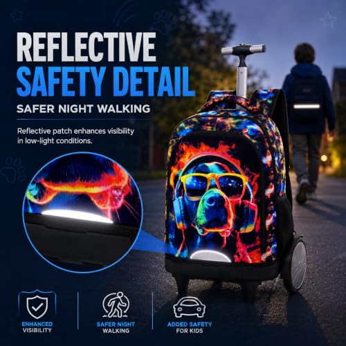 HPJGD Big-Wheel Rolling Backpack for Boys with Lunch Box & Pencil Case - 3-Pack Travel Set Featuring Cool Dog with Sunglasses Design, Water-Resistant & Reflective Wheeled Bookbag for School/Trips - color: Cool Rolling Backpack Sunglasses Dog