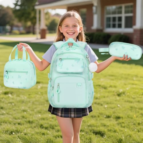 Bevalsa Backpack for Girls Backpack for School with Lunch Bag Pencil Case - color: Green Butterfly