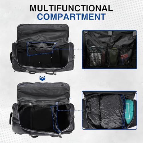 REDCAMP 85L/120L/140L Foldable Duffle Bag with Wheels, Large Travel Duffel Bag - color: 140L Black with Blue Elastic Straps