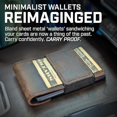 PROOF Slim Minimalist Wallets for Men | Leather & Metal | RFID Wallet - color: Saddle Brown