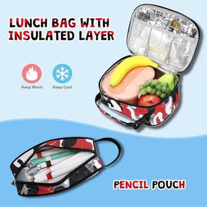 ACESAK 3PCS Camo Backpack for Boys with Lunch Box Pencil Case - color: Red White