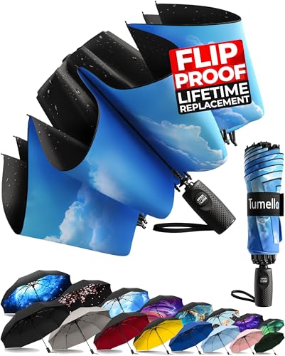 TUMELLA Reverse Folding Windproof Umbrella, Large 46", Strong & Light - color: E. Blue Skies