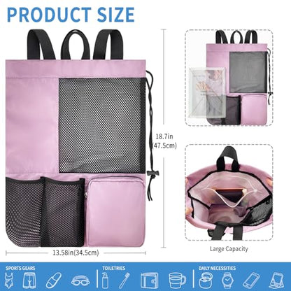 Swim Bag Mesh Beach Drawstring Backpack with Wet Pocket Waterproof for Gym Workout Men Women (Light Purple) - color: Light Purple