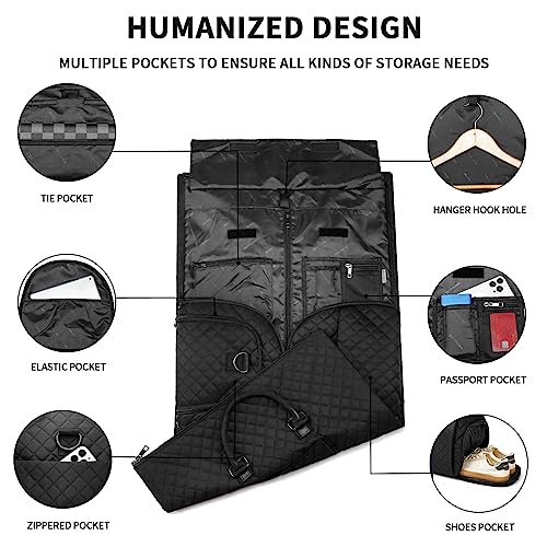 seyfocnia Convertible Carry on Garment Bag for Women, Garment Bags for Travel with Shoe Pouch 2 in 1 Hanging Suitcase Suit Bag for Women Travel Duffle Bag Garment Bag - color: A2-Black