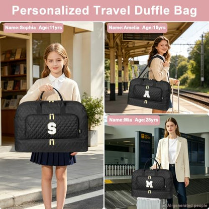 TIBES Birthday Graduation Gift for Her, Initial Weekender Bag for Women 45L - color: Black Diamond Quilted, style: J