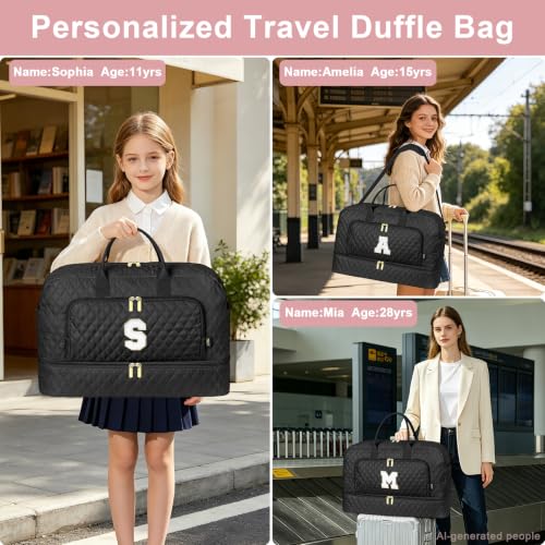 TIBES Initial Weekender Bag for Women, 45L 3PCS Travel Duffle Overnight Bag - color: Black Diamond Quilted, style: M
