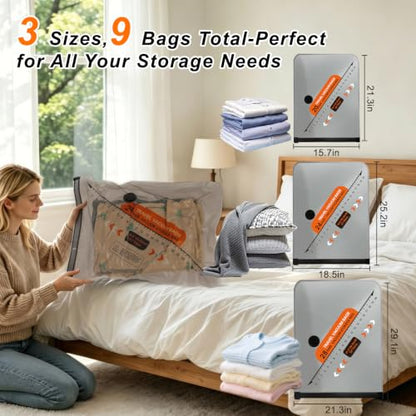 9 Pack Vacuum Seal Bags for Clothing Travel with Portable Electric Pump - size: 9 Combo