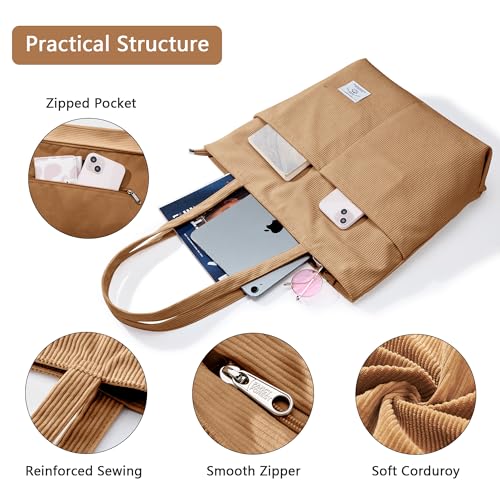 KALIDI Women Corduroy Tote Bag Zipper Casual Tote's Handbag Big Capacity Shoulder Bag with Pockets - color: D-brown