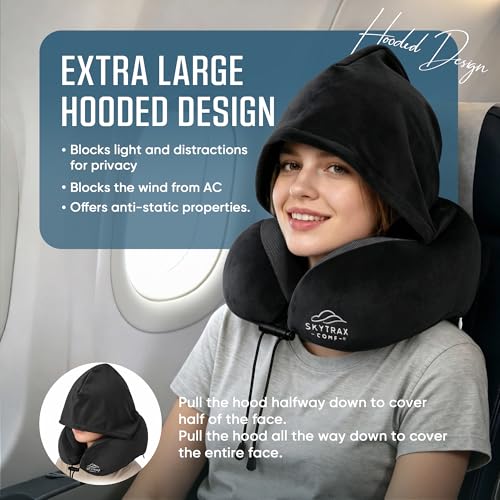 SkytraxComf® Travel Neck Pillow with Hood for Privacy on Long Flights - color: Black