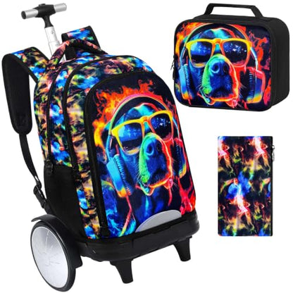 HPJGD Big-Wheel Rolling Backpack for Boys with Lunch Box & Pencil Case - 3-Pack Travel Set Featuring Cool Dog with Sunglasses Design, Water-Resistant & Reflective Wheeled Bookbag for School/Trips - color: Cool Rolling Backpack Sunglasses Dog