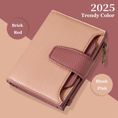 Airkit Small Wallet Women RFID Blocking Vegan Leather Bifold Compact Card Holder Wallet for Women with Zipper Coin Pocket 4 ID Window - color: Colorblock - Blush Pink/Red