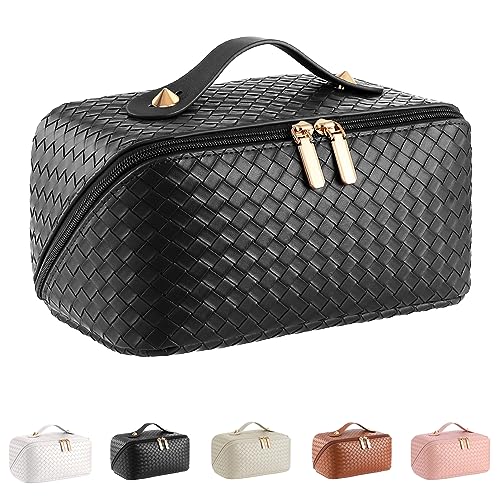 ALEXTINA Travel Makeup Bag, Woven PU Leather Cosmetic Bag, Black - color: black woven, size: Medium