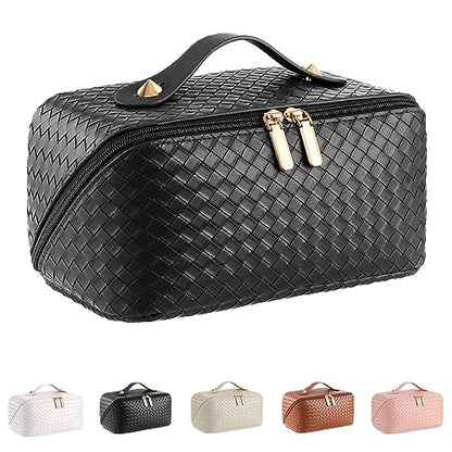 ALEXTINA Travel Makeup Bag, Woven PU Leather Cosmetic Bag, Black - color: black woven, size: Medium