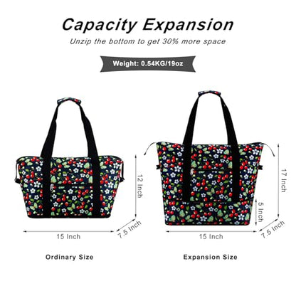 Expandable Duffel Bag for Women with Trolley Sleeve/Wet Pocket Weekender Travel Tote Large Carry On Overnight Luggage - color: Cherry