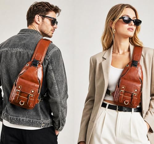 Genuine Leather Hiking Travel DayPack Sling Crossbody Triangle Chest Pack Bag For Men Women 8241 (E-Brown 2) - color: E-brown 2