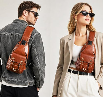 Genuine Leather Hiking Travel DayPack Sling Crossbody Triangle Chest Pack Bag For Men Women 8241 (E-Brown 2) - color: E-brown 2