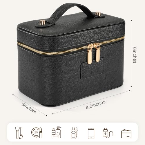 Makeup Bag Travel Toiletry Leather Cosmetic Case, Waterproof Makeup Organizer with Brush Holder, Wipe Clean Removable Divider Vanity Train Bag for Women, Black - color: Black