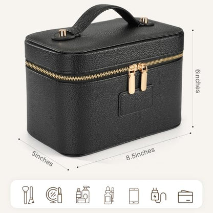 Makeup Bag Travel Toiletry Leather Cosmetic Case, Waterproof Makeup Organizer with Brush Holder, Wipe Clean Removable Divider Vanity Train Bag for Women, Black - color: Black