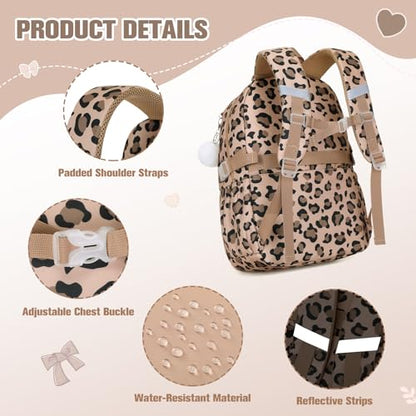 Bevalsa Backpack for Girls Backpack for School with Lunch Bag Pencil Case - color: Brown Leopard