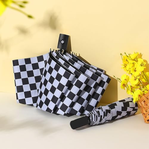 Checkered Automatic Compact Umbrella Windproof Waterproof Umbrellas for Rain and Sun, UV Protection Folding Travel Umbrella - color: black