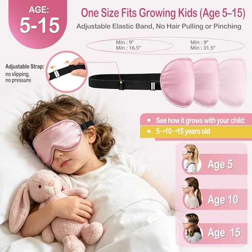 Kids Sleep Mask Eye Cover, Silk Sleeping Mask for Kids Ages 5-15 - color: Pink