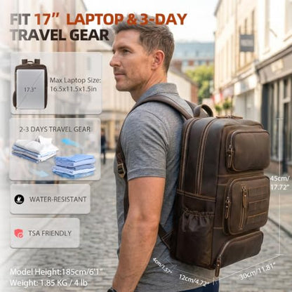 Full Grain Leather Backpack for Men, 17" Laptop Travel Rucksack, Brown - size: fits 17" laptop