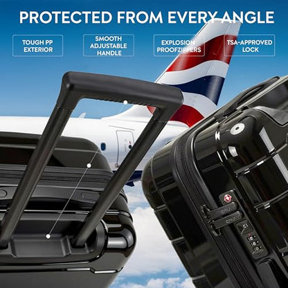 5-Piece Luggage Set Expandable Hardside Polypropylene Suitcase Set with TSA Locks & 8 Silent Spinner Wheels Lightweight Nested Suitcases Travel Set American Airline-Approved Carry-On - Black - color: Black, size: 5-Piece Set
