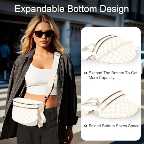 Bum Bags for Women Checkered Crossbody Bag Large Nylon Belt Purse Fanny Packs, Bonus with a Extra Strap - color: Beige Checkered