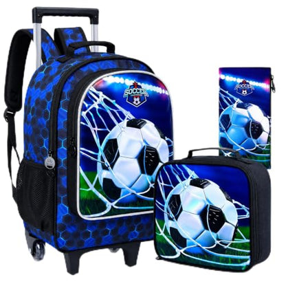 gxtvo Kids Rolling Backpack, Roller Wheels Boys Bookbag, Wheeled Suitcase Elementary School Bag-3PCS Dinosaur/Unicorn/Mermaid - color: Uv Printing Green Soccer Rolling Backpack