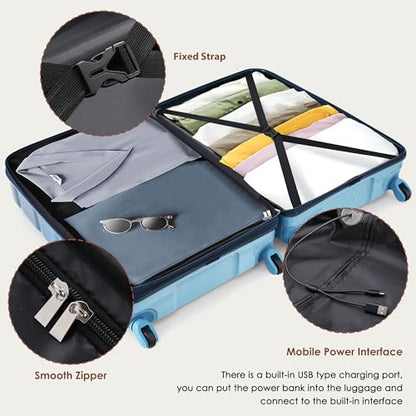 3 Luggage Sets, ABS Hardshell Suitcase Spinner Wheels with USB Port - color: blue and navy