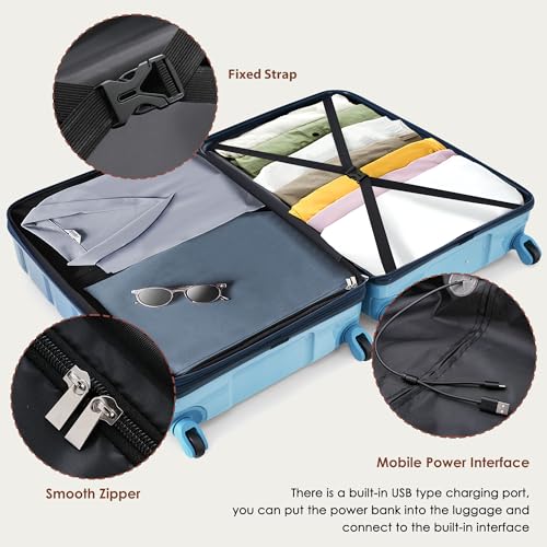 3 Luggage Sets, ABS Hardshell Suitcase Spinner Wheels with USB Port - color: blue and navy