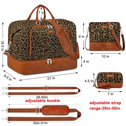 TIBES Travel Weekender Bag for Women, Overnight Bag with Shoe Compartment - color: Z-Olive Leopard