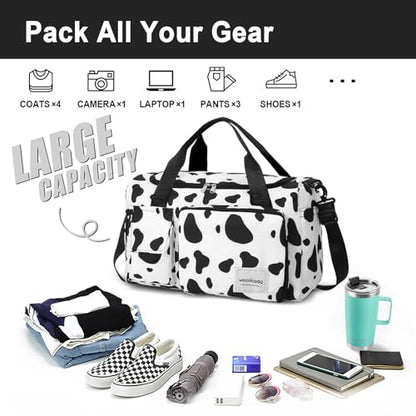 WOOMADA Foldable Travel Duffel Bag with Shoes Compartment, Overnight Bag with Wet Pocket & Trolley Sleeve, Weekender Bags for Women (cow) - color: cow