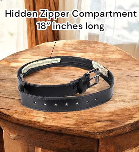 F&L CLASSIC Men’s Money Full Grain leather Belt, Hidden zipper Pocket, - color: Classic Black, size: 44 (Fits Waist 42"-43")