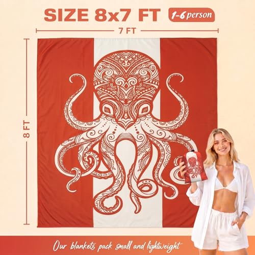 Beach Blanket Waterproof Sandproof with Stakes,Sand Pockets and Carry bag - color: Burntorange Octopus