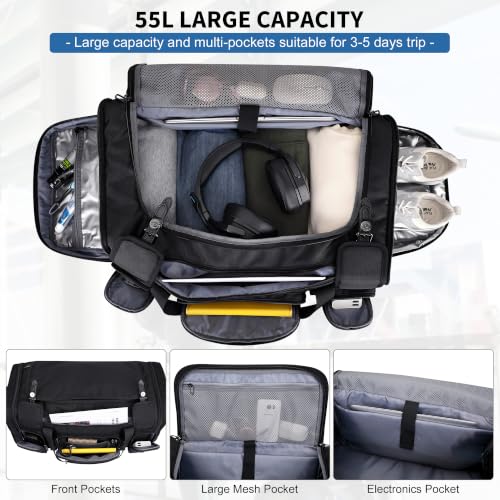 WITZMAN Duffle Bag for Men Large 55L Travel Duffel with Shoe Compartment - color: Black
