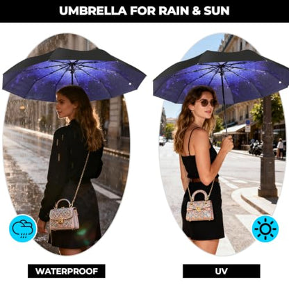 LLanxiry Compact Travel Umbrella, Windproof Automatic Umbrellas for Rain - color: Starry sky