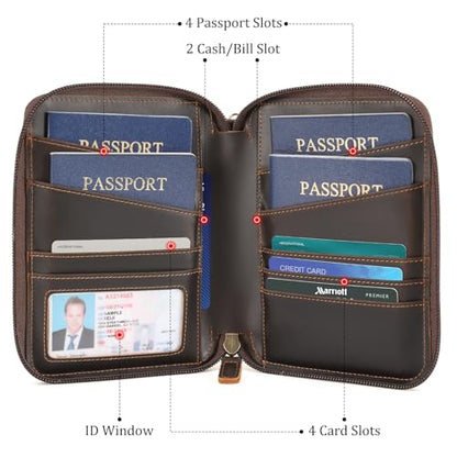 Polare Full Grain Leather Family 4 Passport Holder Wallet RFID Organizer - color: A-Dark Brown