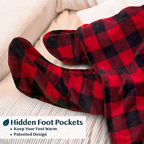 PAVILIA Fleece Blanket with Sleeves Foot Pockets for Women Men, Checker Red - color: Checkered Red, size: Fleece