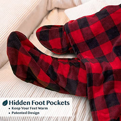 PAVILIA Fleece Blanket with Sleeves Foot Pockets for Women Men, Checker Red - color: Checkered Red, size: Fleece