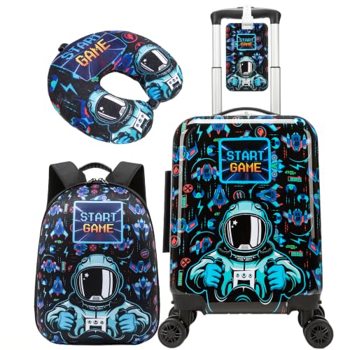 Kids Luggage with Spinner Wheels Set, 3Pcs Kids Astronaut Suitcase Set, Carry on Luggage Hardside Boysand U shaped Pillow, Toddler Rolling Suitcase for Travel, Airline Approved - color: Black E