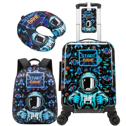 Kids Luggage with Spinner Wheels Set, 3Pcs Kids Astronaut Suitcase Set, Carry on Luggage Hardside Boysand U shaped Pillow, Toddler Rolling Suitcase for Travel, Airline Approved - color: Black E