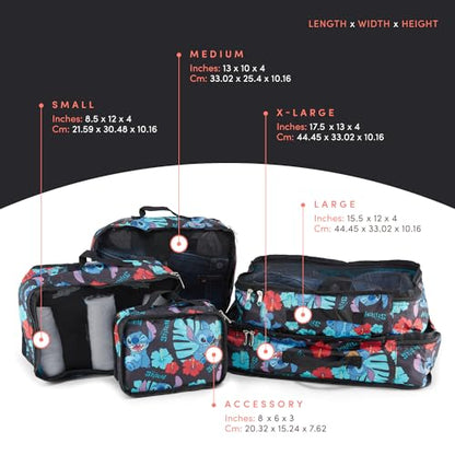 Disney Packing Cubes for Travel – 5 Piece Compression Set, Mickey Minnie Stitch Pooh Luggage Organizer Bags - color: Black Stitch