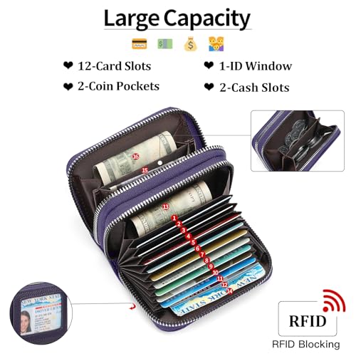 RNIEGA Credit Card Holder Wallet RFID Blocking Leather Small Wallet for Women Double Zipper Wallet with ID Window - color: A-Dark Purple