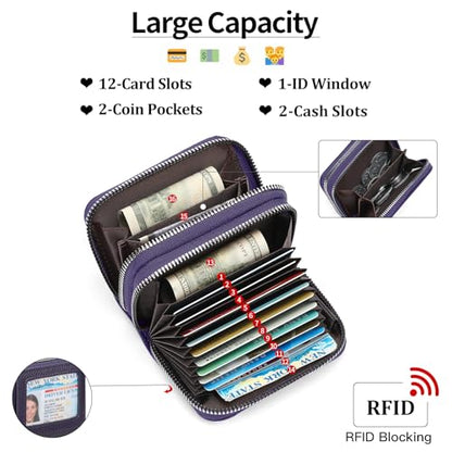 RNIEGA Credit Card Holder Wallet RFID Blocking Leather Small Wallet for Women Double Zipper Wallet with ID Window - color: A-Dark Purple