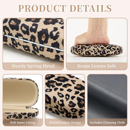 WOZEAH Eyeglasses Case Hard Shell, Protective Glasses Case for Women Men, Portable Eyeglass Holder Box with Cleaning Cloth - color: Leopard