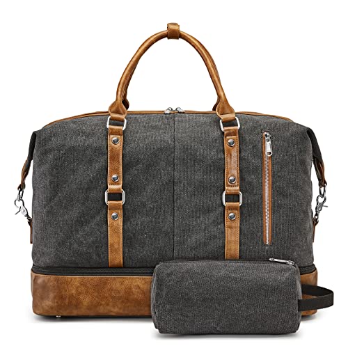 S-ZONE Weekender Bag for Men Canvas Duffle Large Weekend Overnight Travel Carry On Tote Bag with Shoe Compartment Black | Anti-wrinkle Canvas,Adjustable Shoulder Strap,1 Main Compartment and 7 Pockets,with Shoe Compartment - color: B-Black