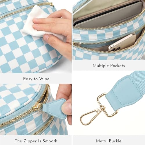 Checkerboard Crossbody Bag for Women, Expandable Plaid Belt Bag Nylon Fanny Pack with Multiple Pockets - color: Light Blue Checkered