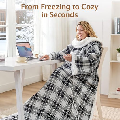 Electric Heated Blanket Wearable Throw with Foot Pocket & Front Pouch - color: Grey Plaid, size: Long
